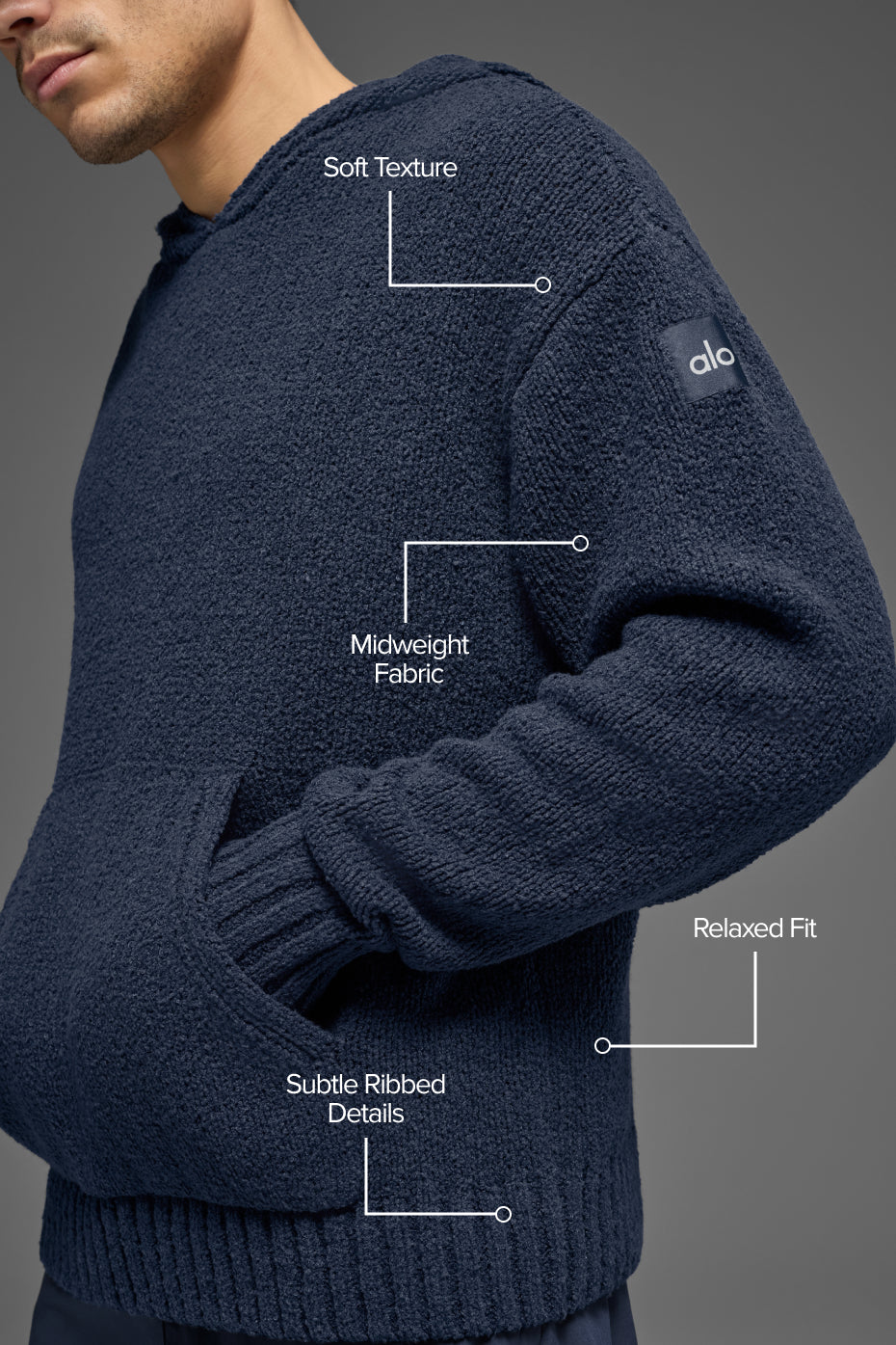 Textured Knit Hoodie - Navy - Image 2