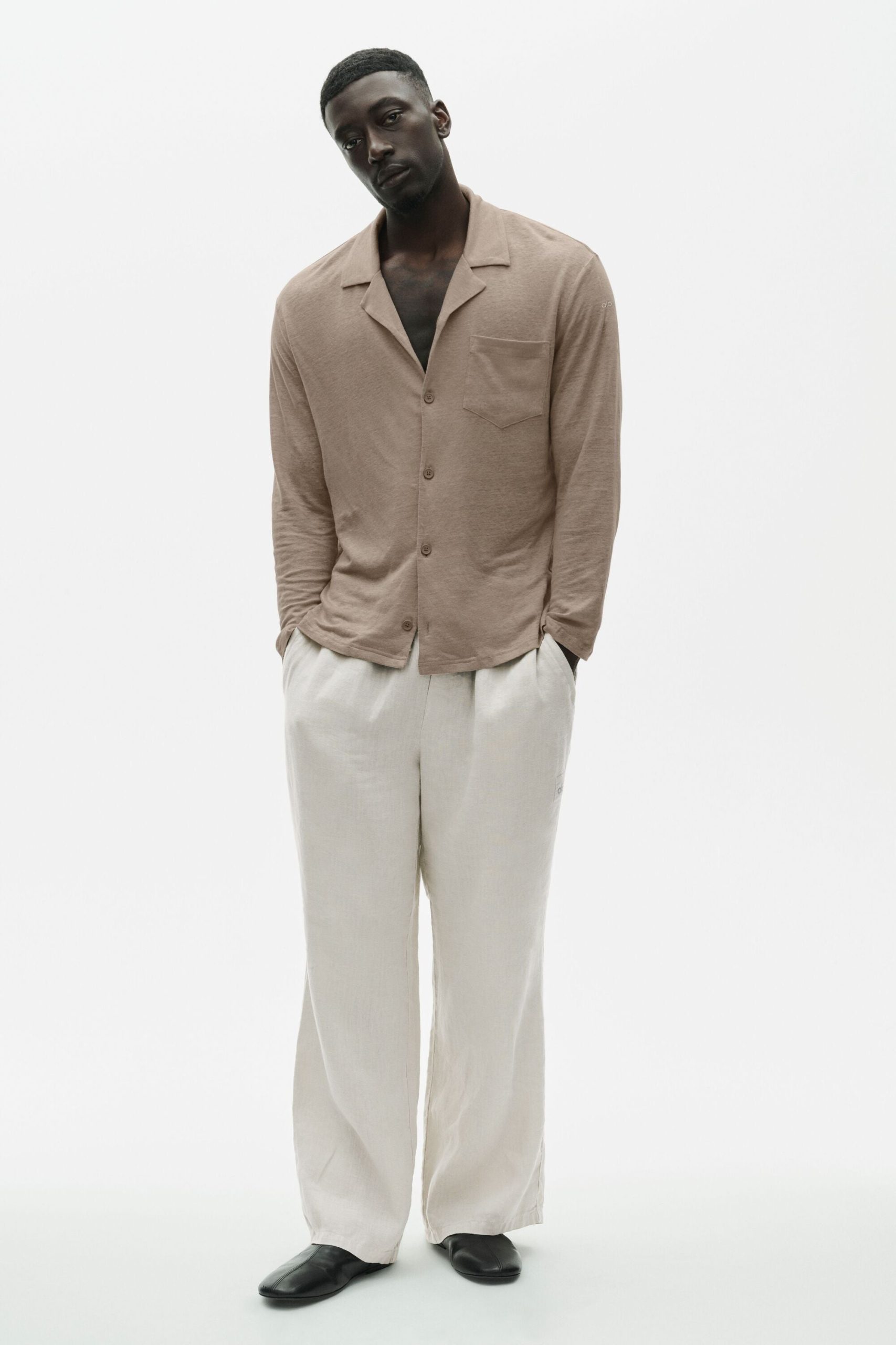 Linen Jersey Coastal Long Sleeve Button Up - Gravel - Image 5