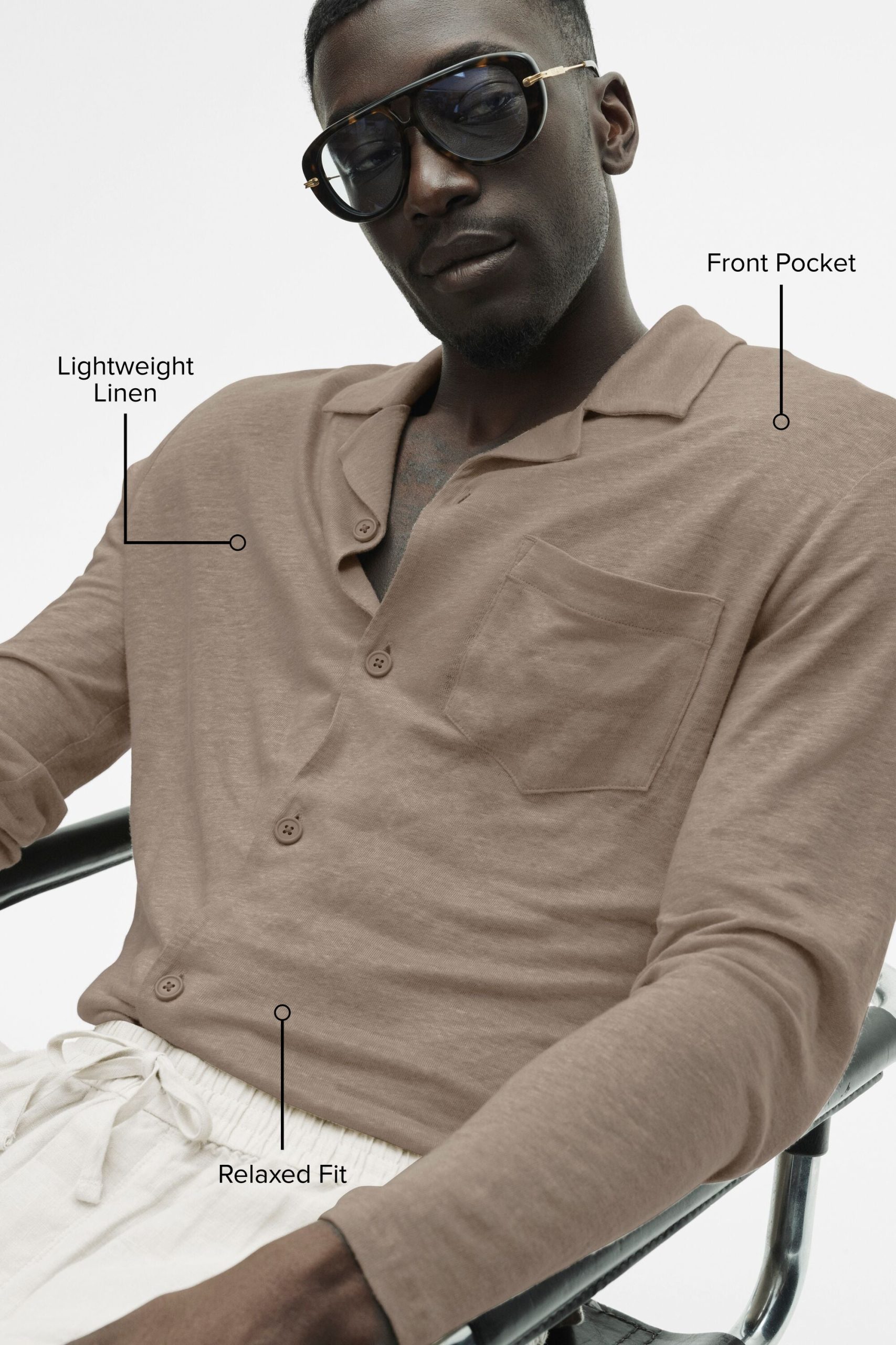 Linen Jersey Coastal Long Sleeve Button Up - Gravel - Image 2