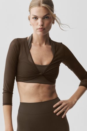 Mesh Knotty 3/4 Sleeve Top - Espresso
