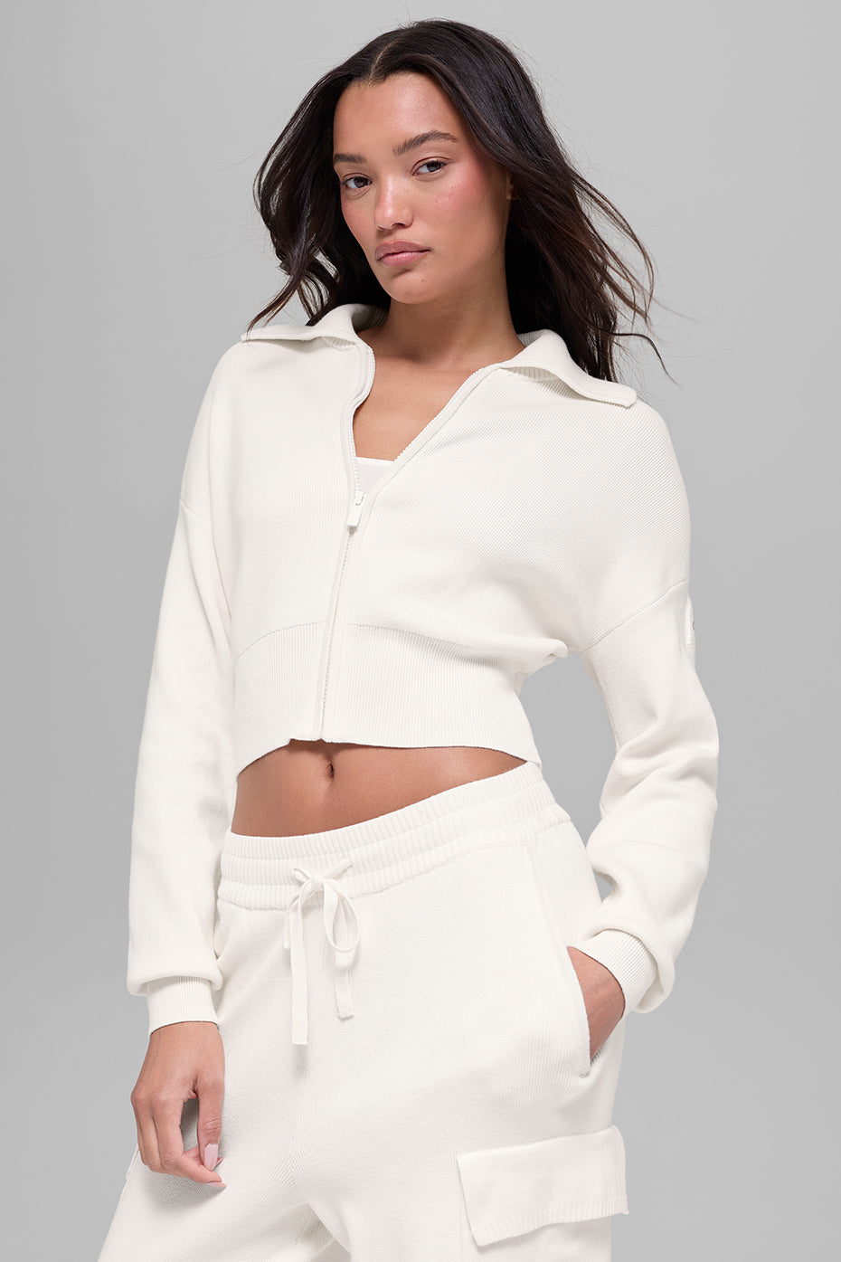 Scholar Knit Cropped Full Zip Jacket - Ivory - Image 3