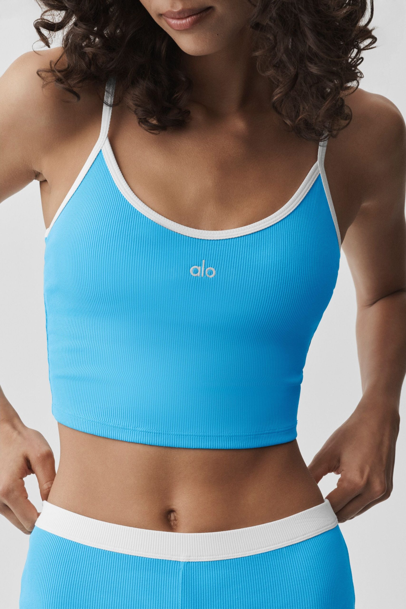 Goddess Ribbed First Pick Bra Tank - Azure Blue/White - Image 4