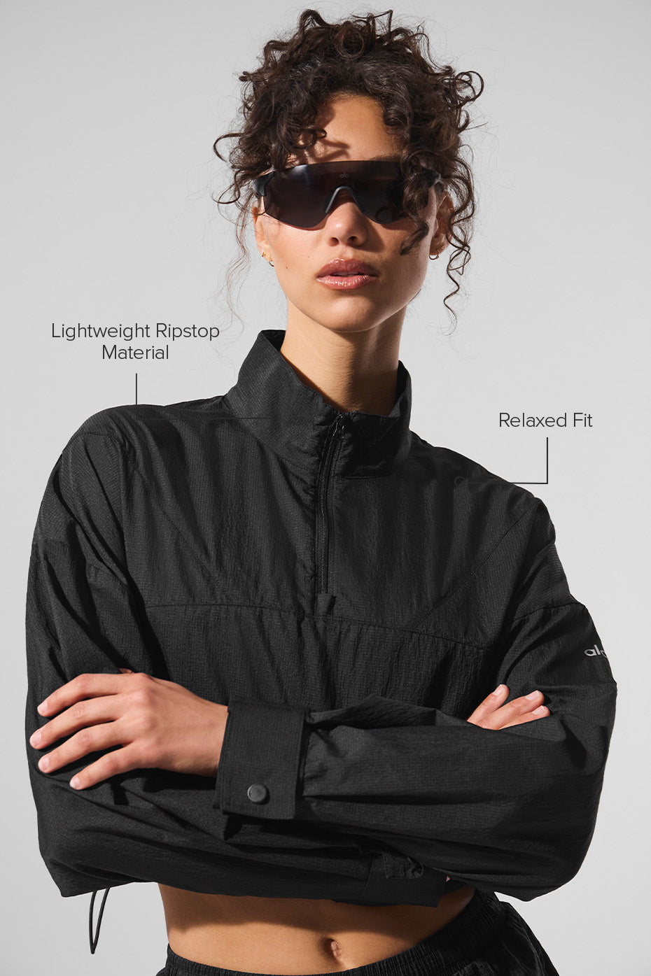 Cropped 1/4 Zip Aerial Pullover - Black - Image 2